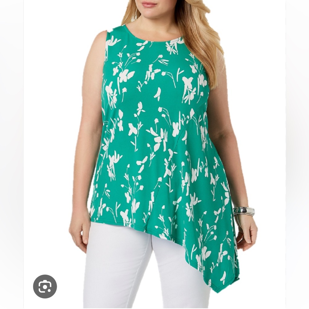 Alfani Green Floral Asymmetric Sleeveless Blouse
